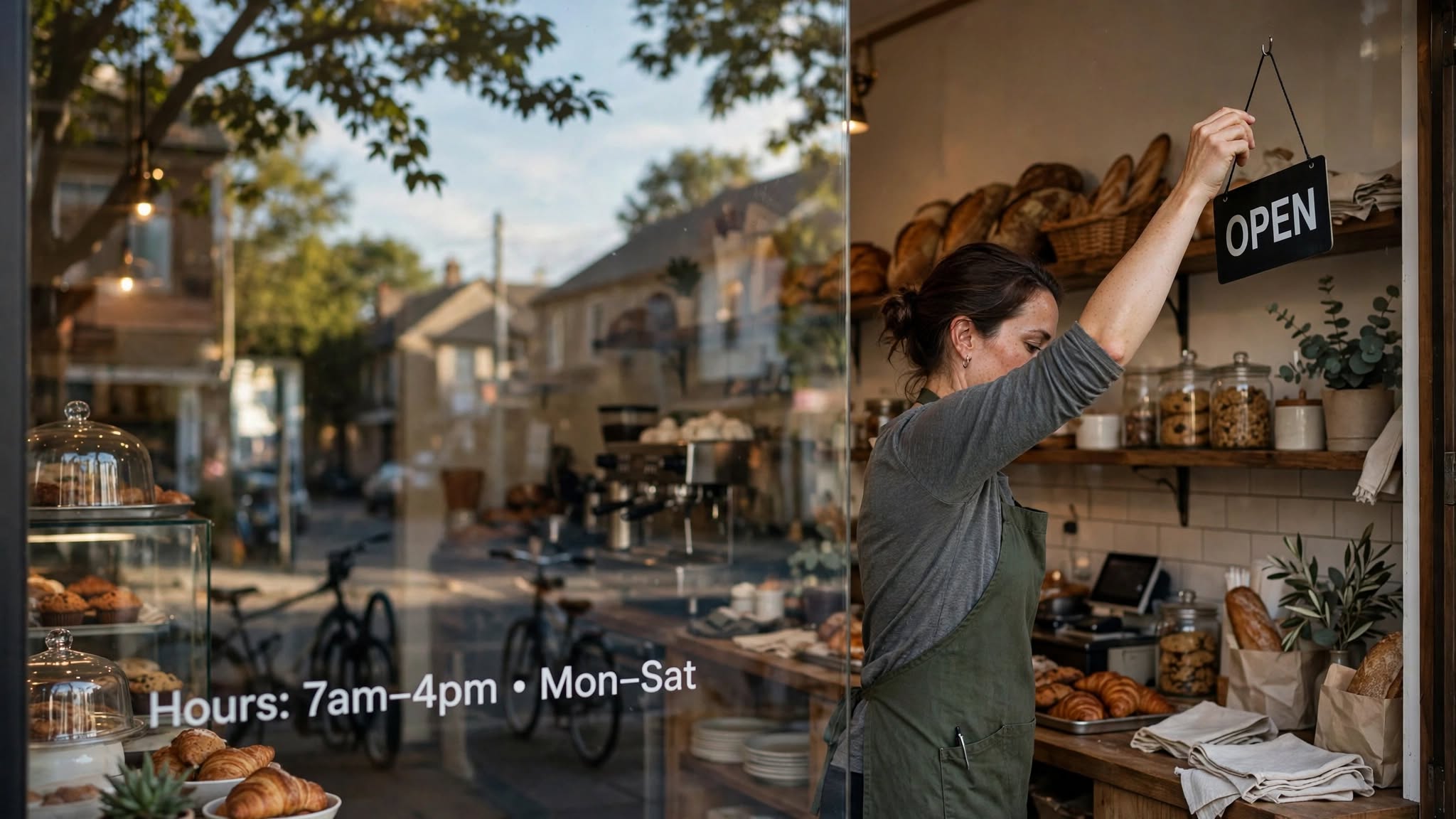 Services Bakery owner hanging an open sign