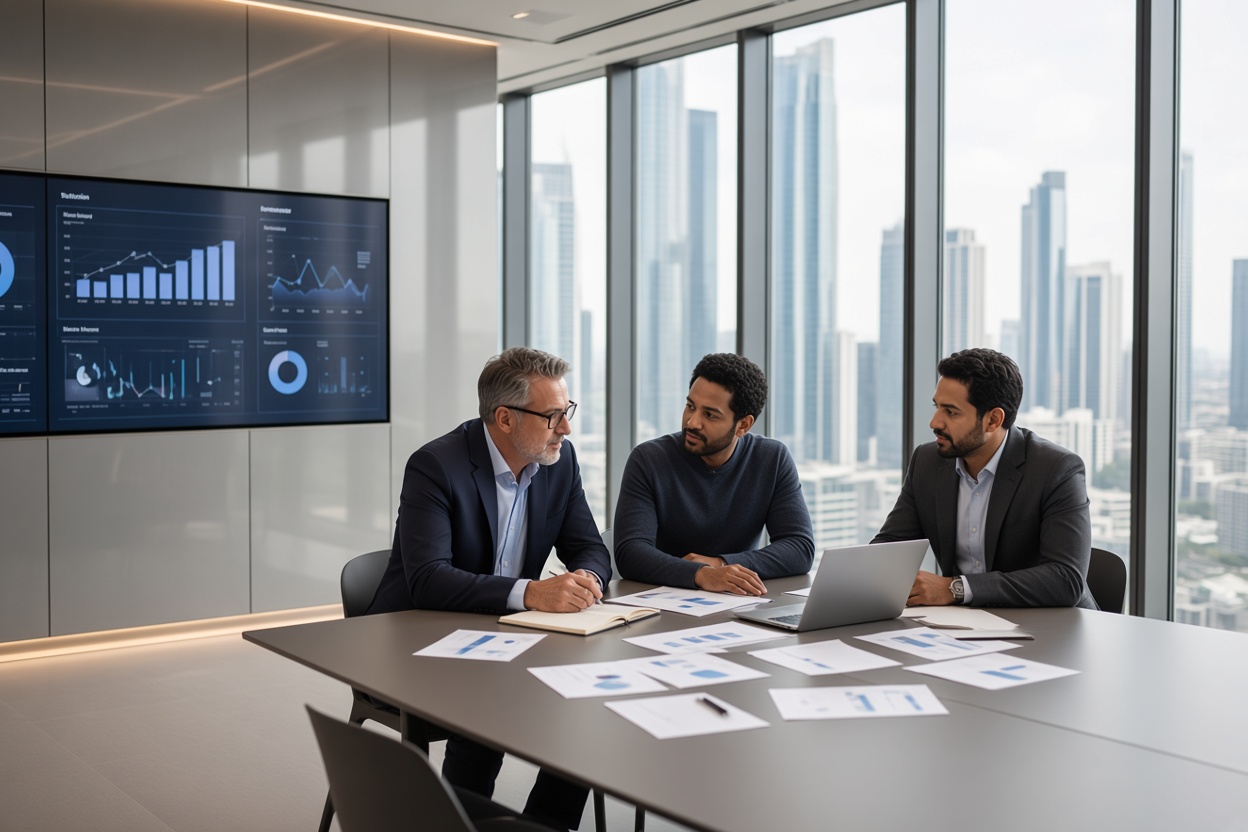 Services Three male business leaders meeting around a table