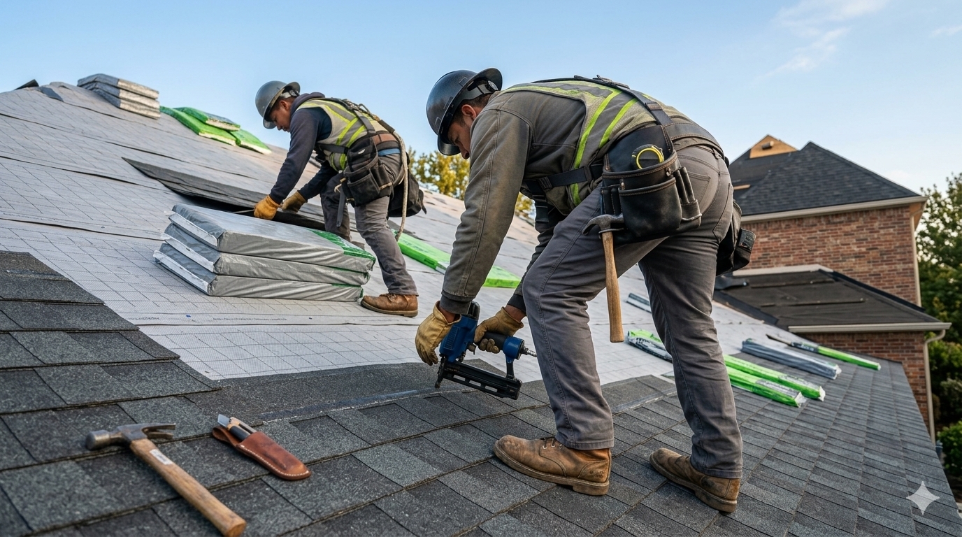 Services Roofing professionals working together on a residential roof